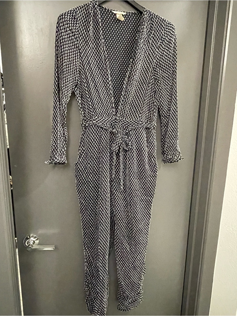 H&M Black and White Printed Wrap-Style Jumpsuit with Tie Waist